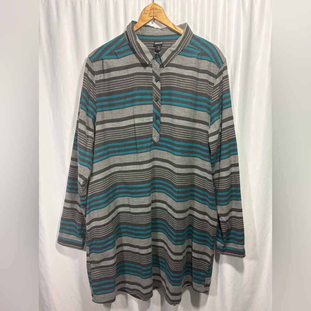 PATAGONIA Womens  HEYWOOD FLANNEL Stripes Gray/ Teal Outdoorsy Tunic Dress Sz XL